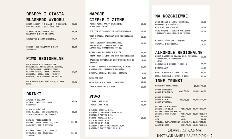 Karczma Bacówka Zakopane menu: desery, napoje, piwo regionalne, drinki, alkohole regionalne.