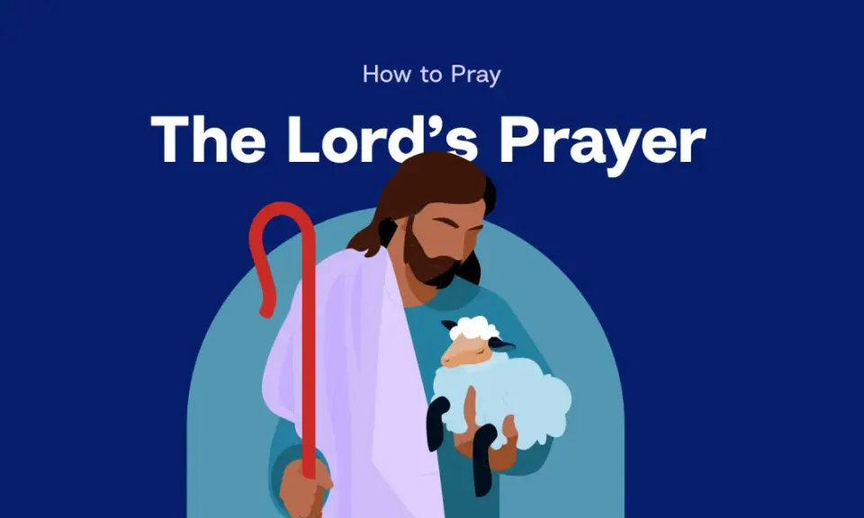 Ilustracja przedstawia Jezusa trzymającego owieczkę, z tekstem "The Lord's Prayer" i "How to Pray". To jak nauczyć się modlitwy Ojcze nasz po angielsku.
