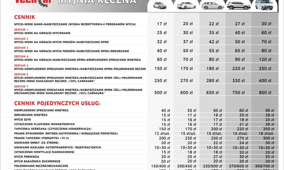 Cennik usług myjni ręcznej Techcar. Sprawdź ceny woskowania i kompleksowego sprzątania aut.