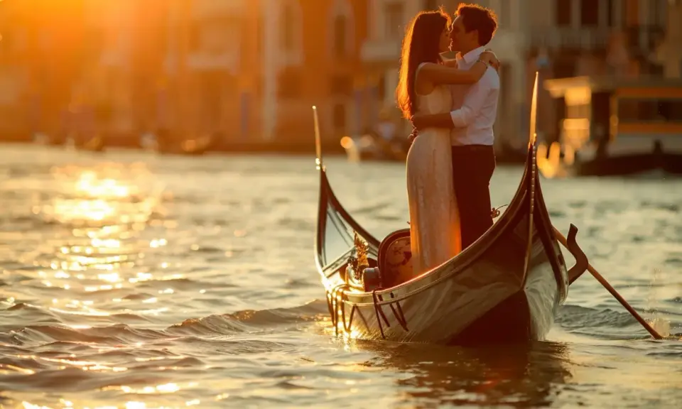 Un couple s'embrasse tendrement dans une gondole, baigné par la lumière dorée du coucher de soleil. Venise, ville des amoureux, offre un cadre idyllique pour cet instant magique.