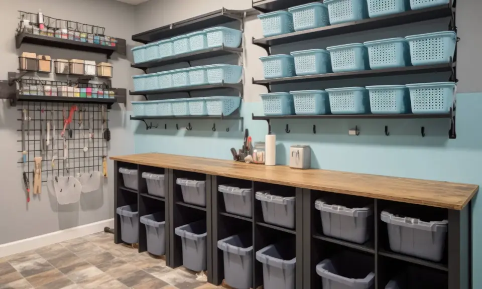 Des étagères bleues et grises organisent l'espace, parfait pour savoir comment stocker des vêtements dans un garage. Des paniers et bacs pour un rangement optimal.