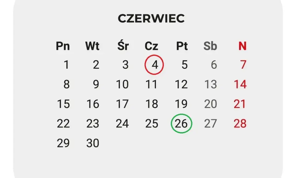 Kalendarz Czerwiec 2026. 26 czerwca zaznaczone zieloną obwódką, symbolizujące zakończenie roku szkolnego 2026.