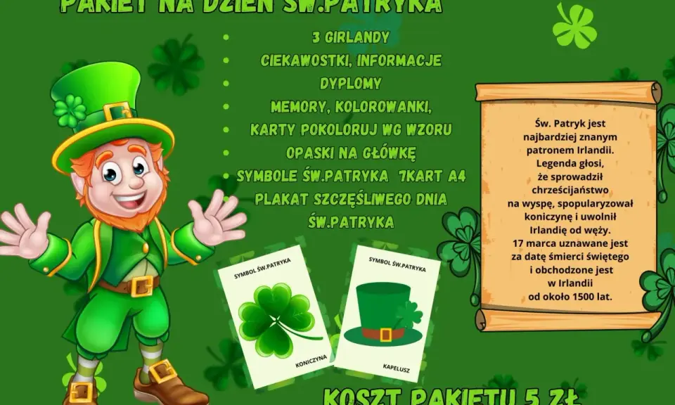 Zielony pakiet na Dzień Św. Patryka: skrzat, koniczyna, kapelusz, girlandy, ciekawostki, dyplomy, memory, kolorowanki, opaski. Symbole Św. Patryka.