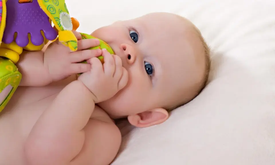 Ein Baby mit blauen Augen erkundet sein buntes Spielzeug. Vielleicht ist es der 19-Wochen-Schub, der ihn so neugierig macht.