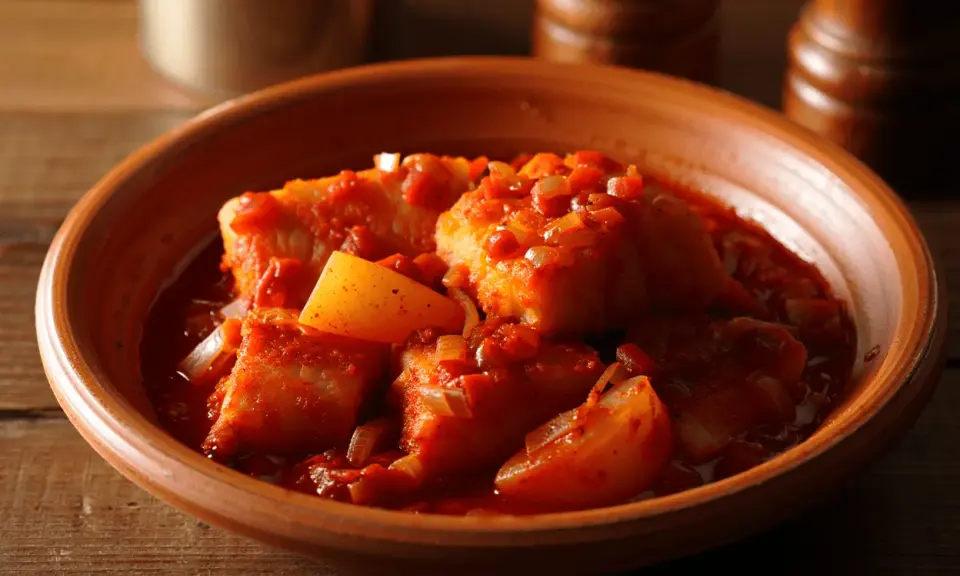Bacalao a la vizcaína, trozos de pescado blanco en salsa roja con pimientos y cebolla, servido en cuenco de barro.