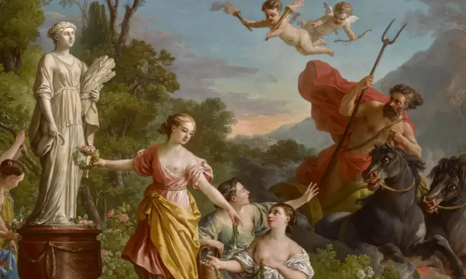 Scène mythologique : l'enlèvement de Proserpine par Pluton, sur fond de paysage champêtre avec des nymphes et des angelots.