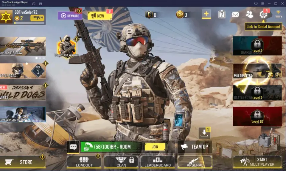 Główny ekran Call of Duty Mobile PC z żołnierzem w kamuflażu, menu gry i opcjami rozgrywki.