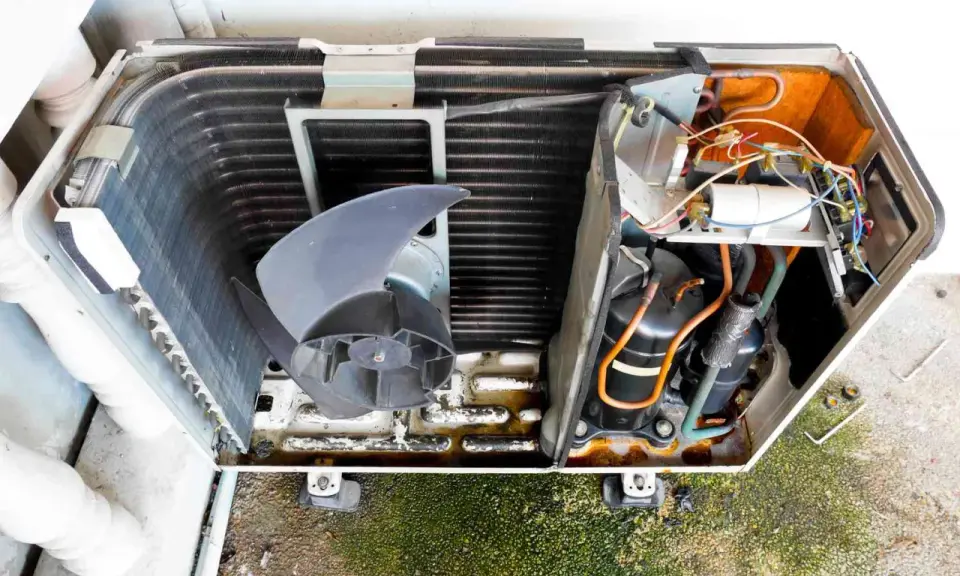 Vista detallada de las partes de un aire acondicionado domestico: ventilador, compresores y serpentín.