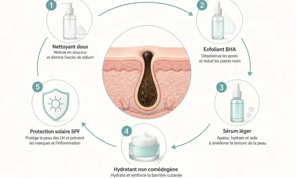 Schéma d'une routine de soins pour la peau, montrant comment désincruster les pores obstrués par des comédons ouverts et du sébum.