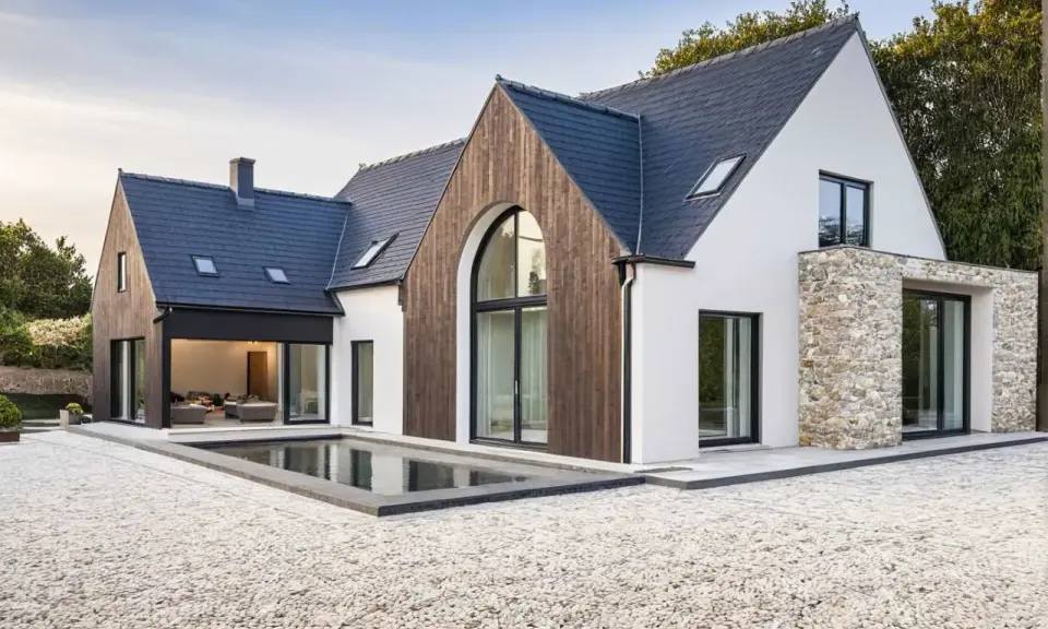 Une maison neuve en pierre et bois, avec une piscine rectangulaire devant.