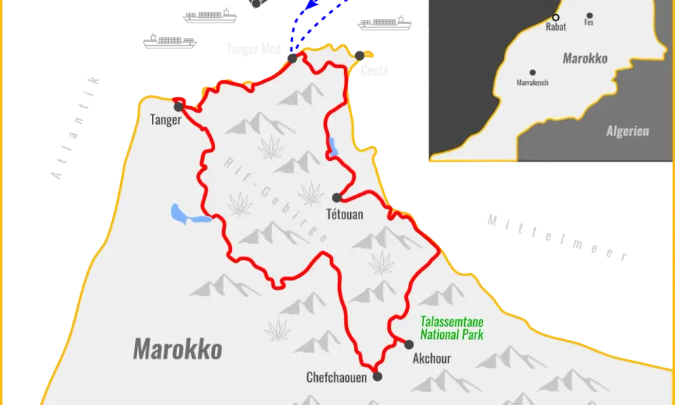 Karte von Marokko mit dem Rif-Gebirge, Tanger, Tétouan, Chefchaouen und dem Talassemtane Nationalpark.