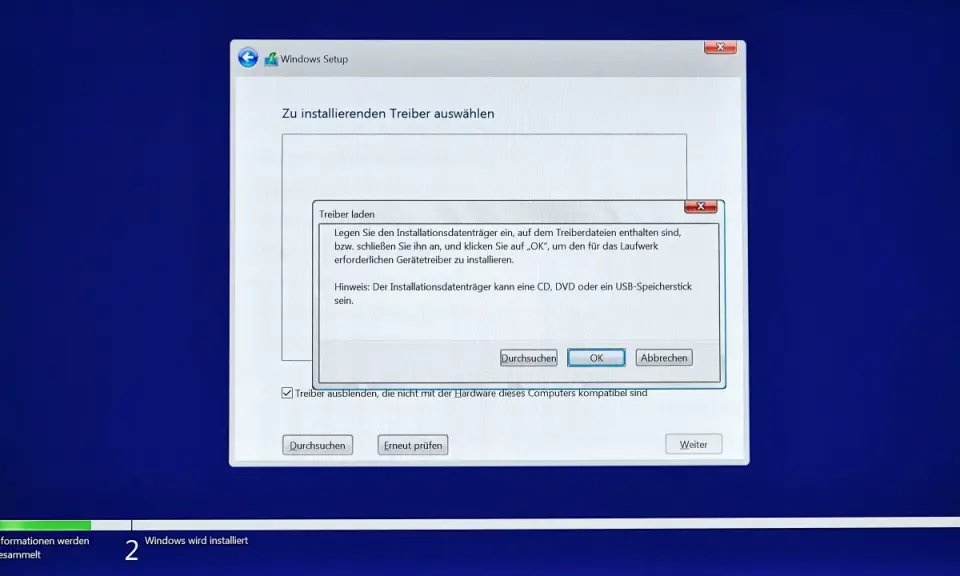 Windows Setup: Zu installierenden Treiber auswählen. Ein Fenster zeigt, dass ein Treiber für die Windows 11 Installation fehlt.