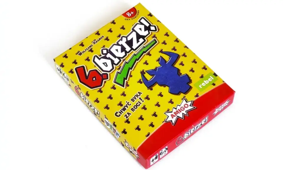 Pudełko gry karcianej "6 bierze!". Zabawna gra, w której trzeba chwytać byka za rogi, by zdobyć punkty. Idealna na rodzinne wieczory.