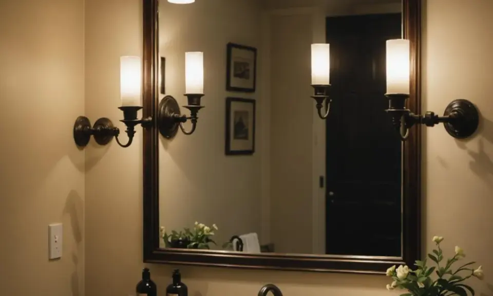 Elegancka lampa wisząca one led w stylu retro oświetla łazienkę, odbijając się w lustrze.
