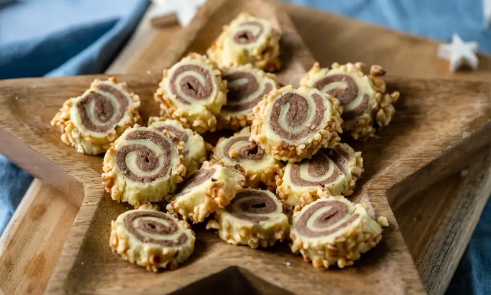 Haselnuss Kekse mit Schoko-Muster, umhüllt von gehackten Nüssen, auf einem Holzbrett.