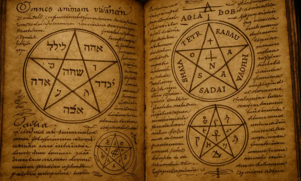 Livre ancien ouvert sur des pages remplies de textes et de symboles mystiques, dont un pentagramme complexe, un symbole ancien de pouvoir.