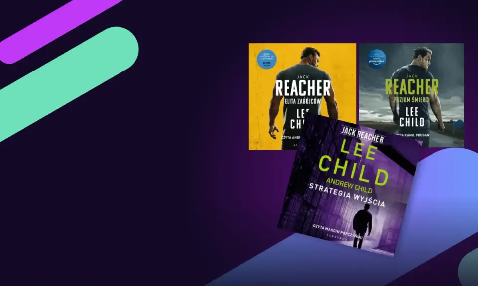 Trzy okładki książek z serii Jack Reacher autorstwa Lee Childa. Najnowsza książka "Strategia Wyjścia" w fioletowej tonacji.