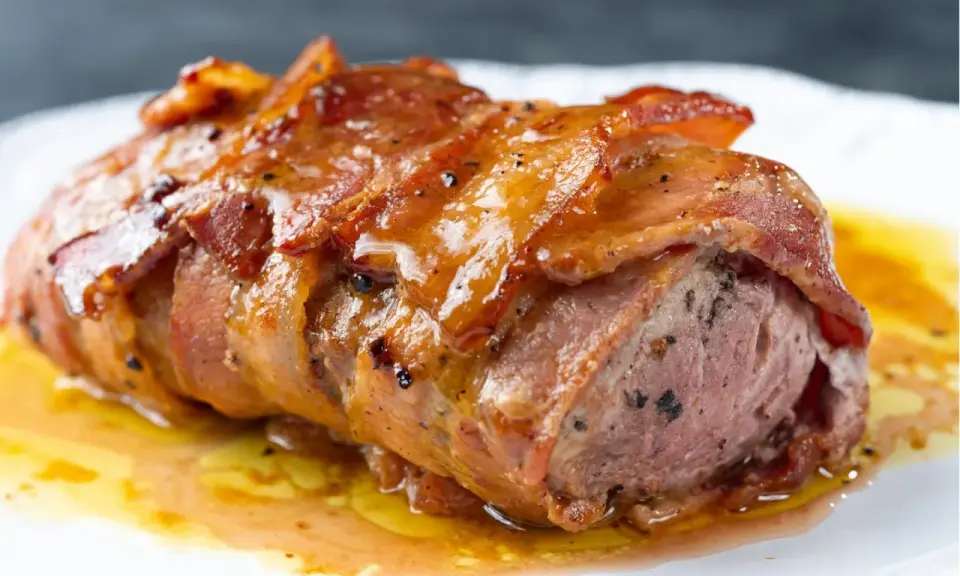 Saftiges Schweinefilet im Speckmantel, glasiert und mit Pfeffer bestreut, ruht in einer köstlichen Sauce auf einem weißen Teller.