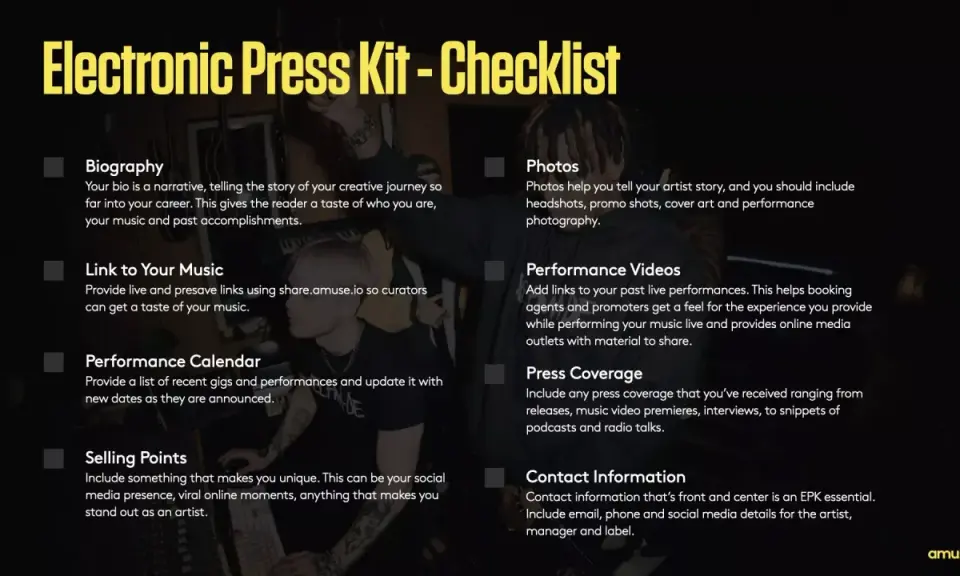 Checklist pour un dossier de presse artiste exemple : biographie, musique, photos, vidéos, agenda, presse, contacts.