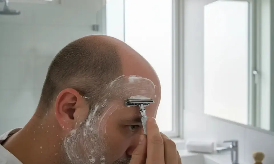 Mann rasiert sich die Glatze mit einem Rasierhobel und Rasierschaum im Badezimmer.