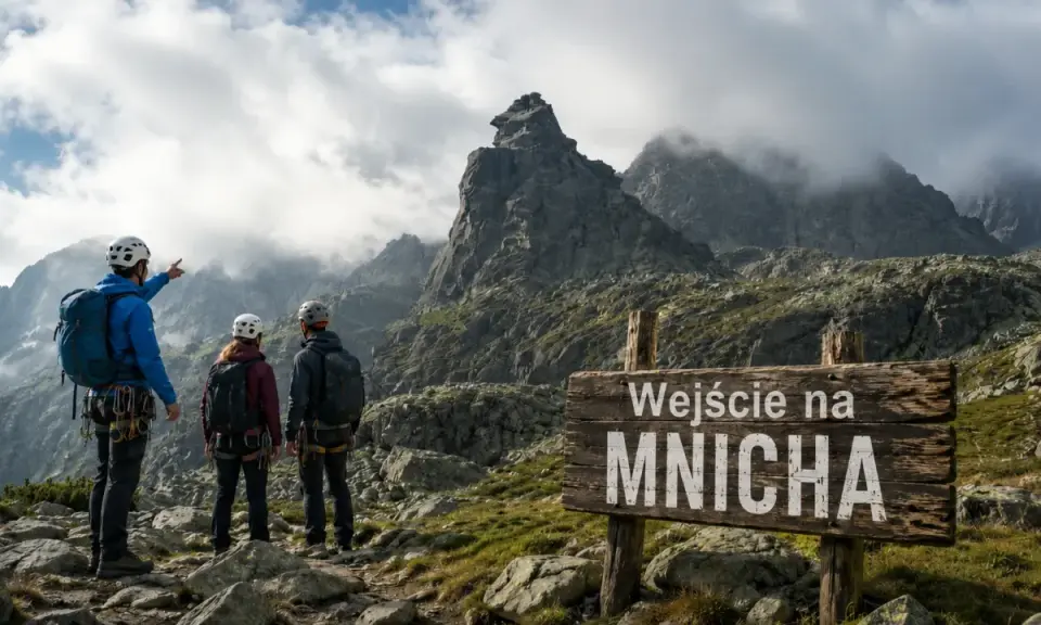 Trzech turystów w kaskach i z plecakami podziwia majestatyczne szczyty w Tatrach. Jeden z nich wskazuje drogę na Mnicha.