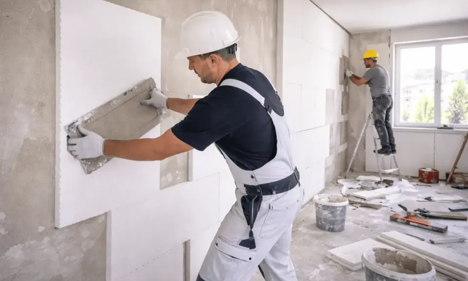Operai applicano pannelli isolanti su un muro, creando un cappotto interno o esterno per migliorare l'efficienza energetica.