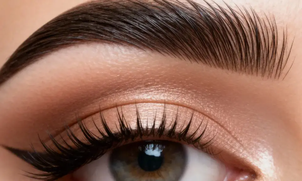 Un œil maquillé avec un eye-liner fin et des cils longs. Les sourcils sont parfaitement coiffés, un effet "brow lift sourcils c'est quoi" pour un regard intense.