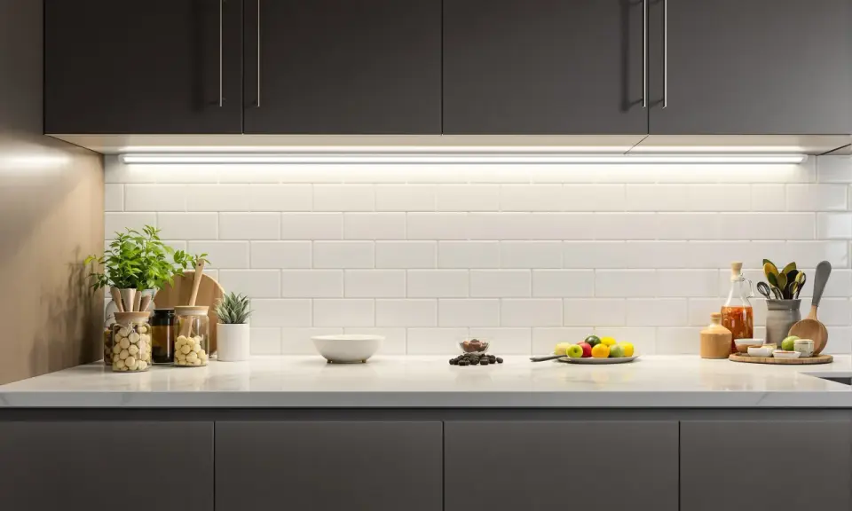Éclairage subtil sous les armoires sombres, mettant en valeur le carrelage blanc et les objets décoratifs. Une **reglette LED design** illumine la cuisine.