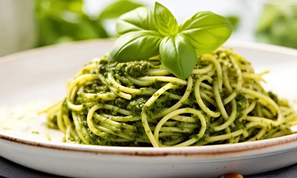 Porcja spaghetti z zielonym pesto, udekorowana listkami bazylii.