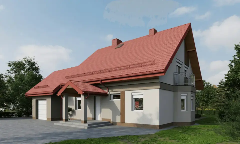 Nowy dom z czerwonym dachem i szarą elewacją, otoczony zielenią.