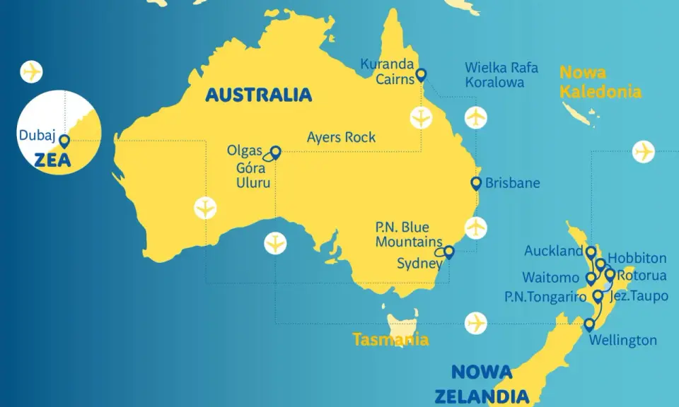 Mapa pokazuje podróż z Dubaju do Australii i Nowej Zelandii, z zaznaczonymi atrakcjami jak Uluru, Wielka Rafa Koralowa i Hobbiton.