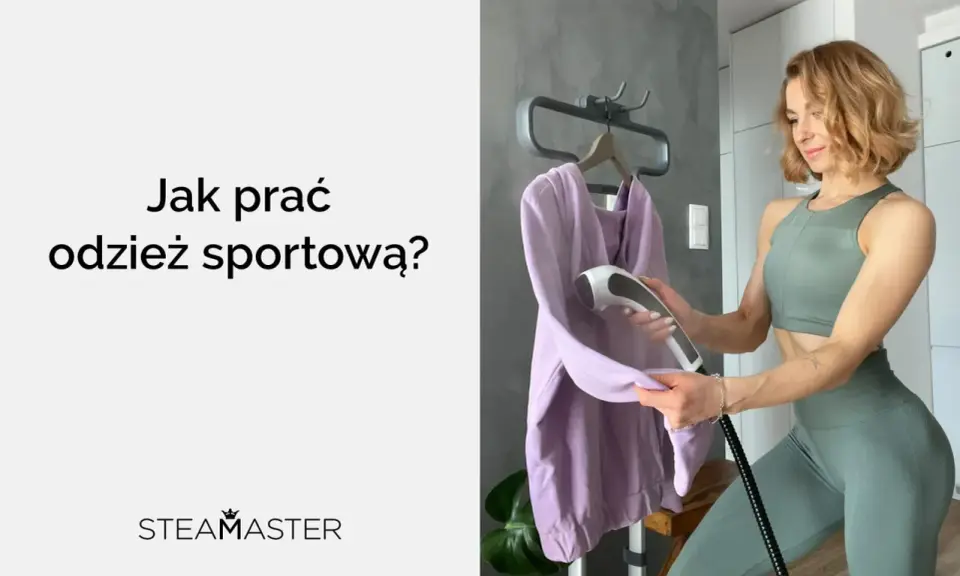 Kobieta używa parownicy do odświeżenia odzieży sportowej. Szybki sposób na utrzymanie świeżości ubrań po treningu.