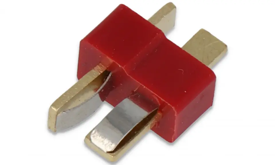 Roter Dean Stecker mit zwei goldenen Kontakten, ideal für Modellbau-Akkus.