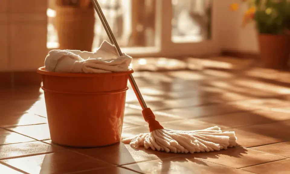 Seau orange avec serpillère et serviette, prêt pour le nettoyage de terre cuite avec bicarbonate de soude.