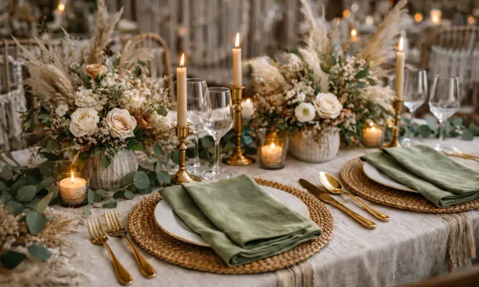 Elegancka aranżacja stołu weselnego w stylu boho: bukiety z traw pampasowych i róż, złote sztućce, świece i zielone serwetki. Idealna inspiracja, jak się ubrać na wesele w stylu boho.