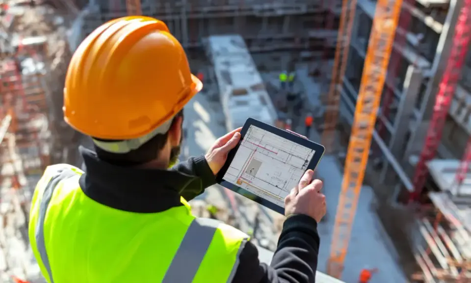 Ingeniero con casco naranja y chaleco reflectante revisa planos en tablet. Asegura el control de calidad en construcción.