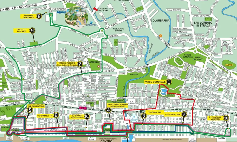 Percorso del trenino di Riccione: da Aquafan a P.le del Porto, passando per il Vecchio Riccione e il Parco Comunale.