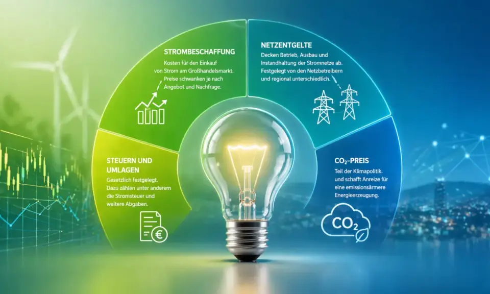 Glühbirne im Zentrum, umgeben von Kreissegmenten, die Strombeschaffung, Netzentgelte, Steuern/Umlagen und CO2-Preis erklären. Ein Diagramm zur Strommarktreform.