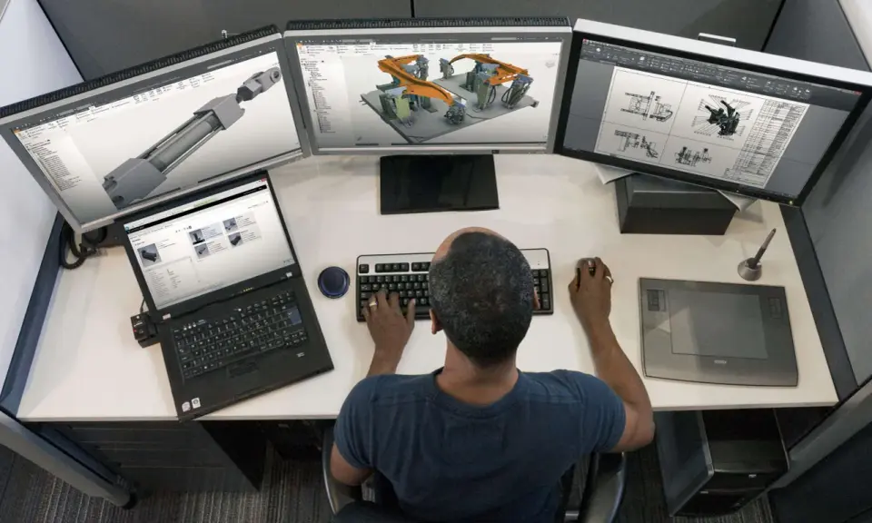 Un disegnatore CAD freelance lavora su un sistema a triplo monitor, creando modelli 3D e disegni tecnici.