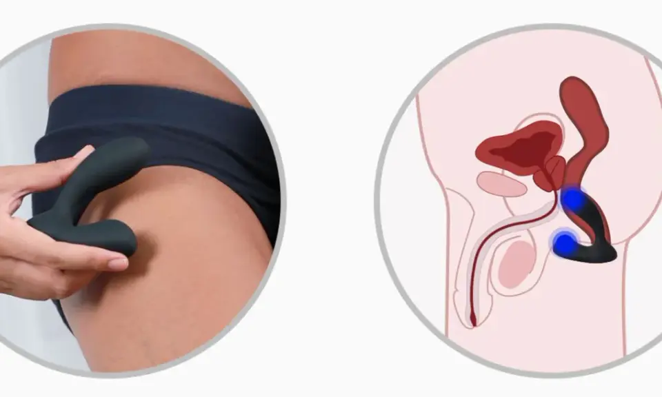 Dwa obrazy: dłoń trzymająca gadżet do masażu prostaty oraz schemat anatomiczny pokazujący jego umiejscowienie.