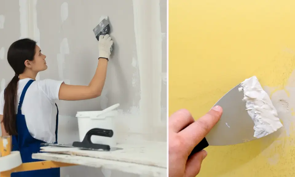 En kvinna spacklar en vägg med spackel och en bred spackelspade. En annan bild visar en hand som spacklar en gul vägg.