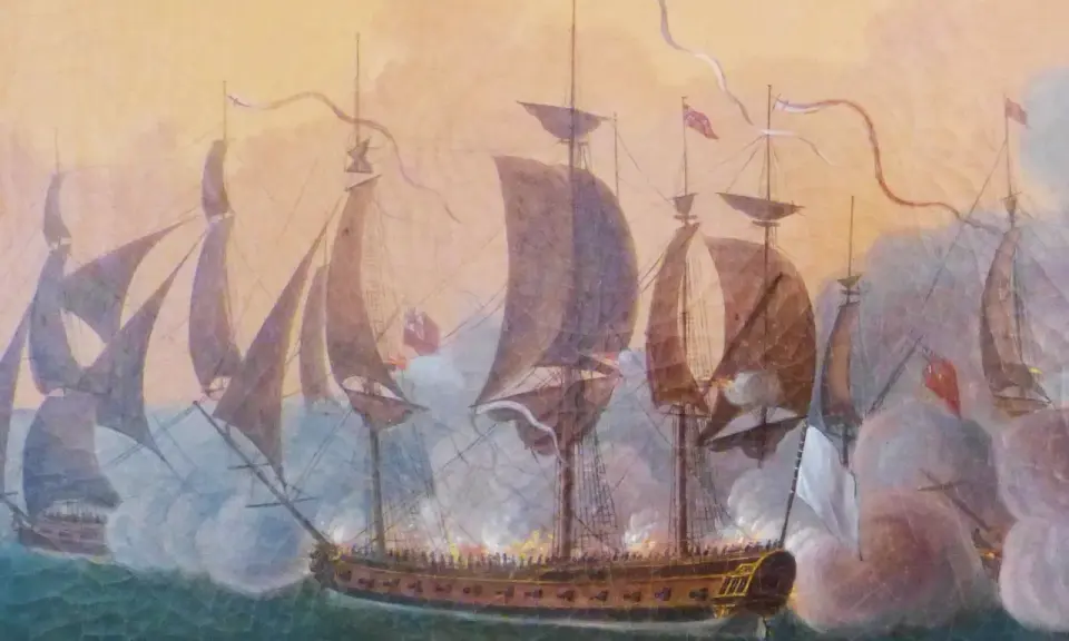 Bataille navale animée, l'Hermione bateau au centre, entouré de fumée et de canons crachant le feu.