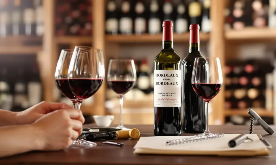 Dégustation de vins de la rive droite de Bordeaux, avec des verres remplis, des bouteilles et un carnet pour prendre des notes.