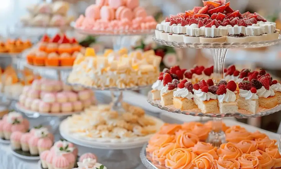 Un magnifique buffet dessert avec macarons roses, tartes aux fruits rouges et gâteaux individuels garnis de crème et de fruits.