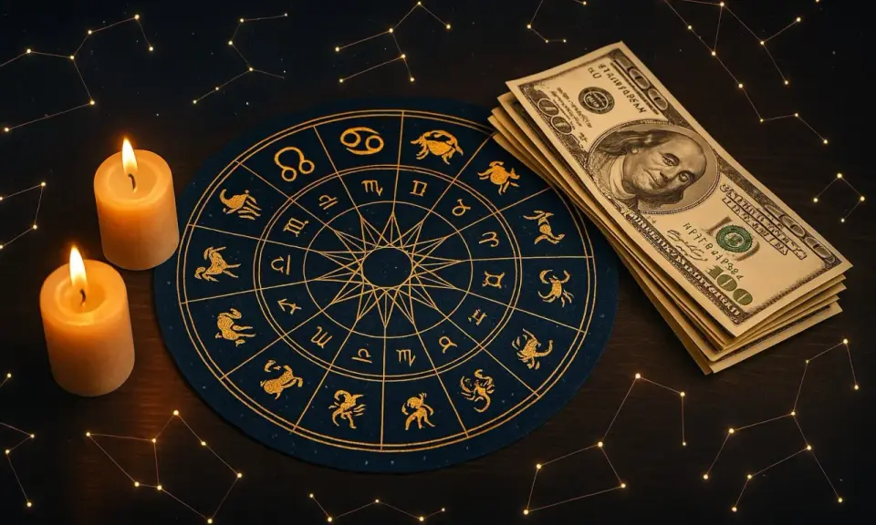 Zodiakalny krąg i banknoty dolarów sugerują horoskop finansowy dzienny. Dwie świece dodają tajemniczości.
