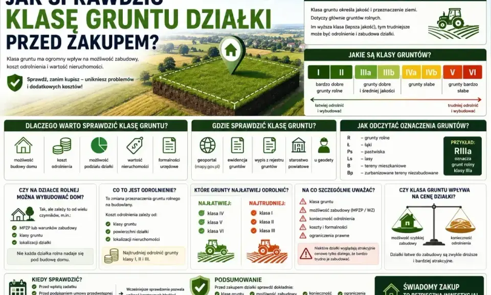 Plan zabudowy działki lub szkic sytuacyjny z informacjami o klasie gruntu, jego odrolnieniu i wpływie na cenę.