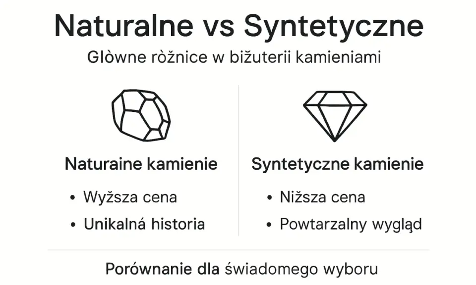 Porównanie naturalnych i syntetycznych kamieni: wyższa cena i unikalna historia vs niższa cena i powtarzalny wygląd.