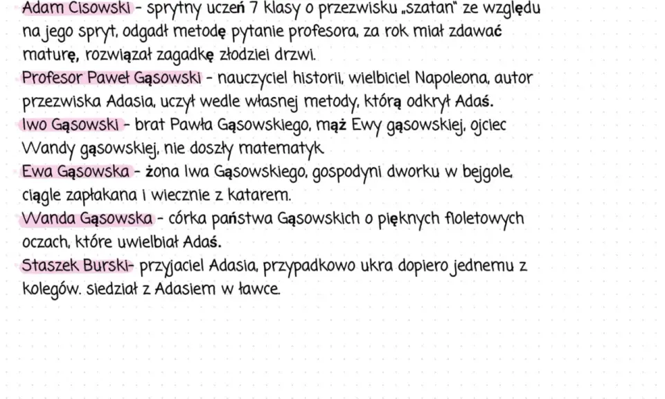 Adam Cisowski, sprytny uczeń z siódmej klasy, zwany "szatanem" za swój spryt. Rozwiązał zagadkę złodziei drzwi.