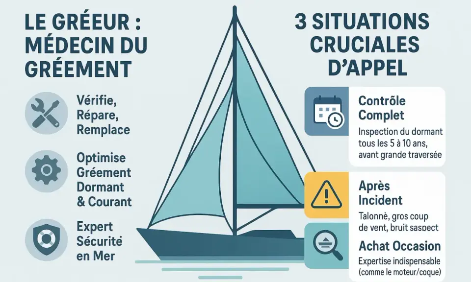 Le gréement d'un voilier, y compris le gréement courant, est essentiel. L'image montre un gréeur comme un médecin du gréement, avec des icônes pour la vérification, la réparation et l'optimisation.