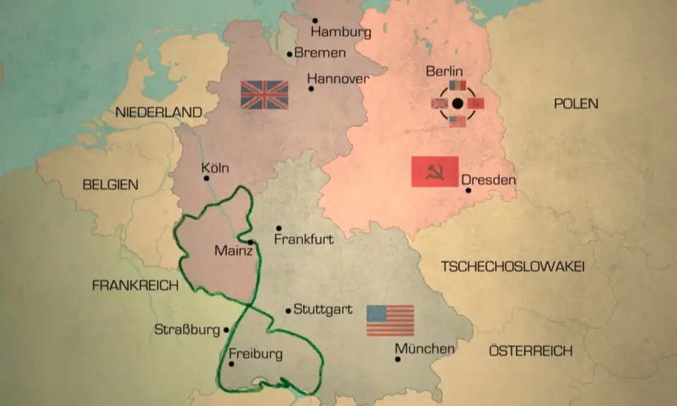 Karte zeigt die Besatzungszonen Deutschlands nach dem Zweiten Weltkrieg. Berlin ist geteilt.